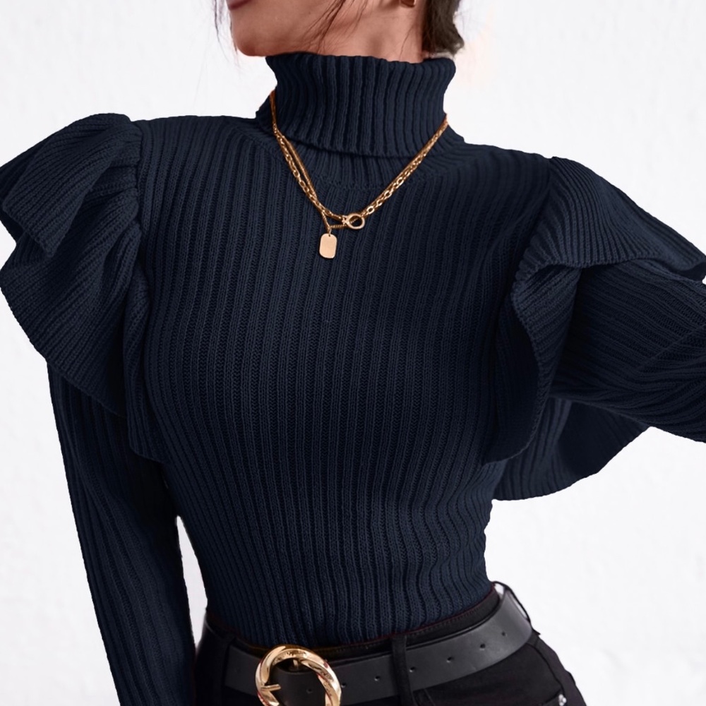 Turtle Neck Ruffle Trim Sweater